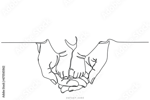 International infant protection day.Child care.Tiny little adorable hands of little baby toddler in mothers hands.Cool Father with kid.Smart and cool parents.Kids protection.Healthcare safety lineart