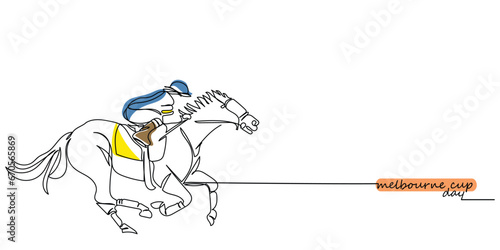 ockey on racing horse. Champion. Hippodrome. Racetrack. Horse riding. Derby. Speed. Isolated on white background. Vector illustration continuous line art. Melbourne cup day November. Vintage postcard