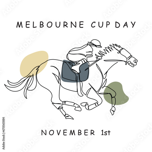 ockey on racing horse. Champion. Hippodrome. Racetrack. Horse riding. Derby. Speed. Isolated on white background. Vector illustration continuous line art. Melbourne cup day November. Vintage postcard