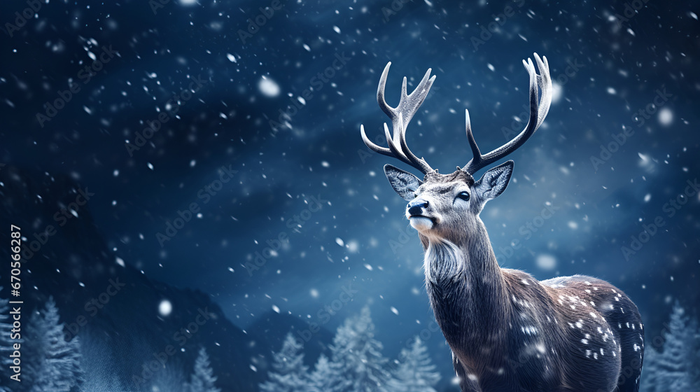 Majestic Deer Amidst a Moonlit Snowfall: A Winter Wonderland Illustration. Generative AI Majestic Deer Amidst a Moonlit Snowfall: A Winter Wonderland Illustration. Generative AI