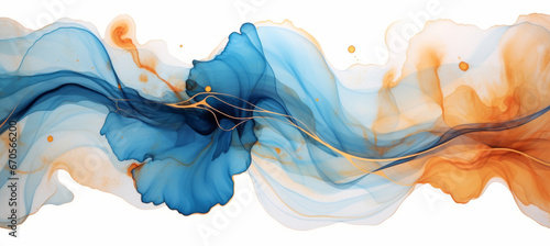 Fototapeta Naklejka Na Ścianę i Meble -  Abstract marbled ink liquid fluid watercolor painting texture banner illustration - Blue orange petals, blossom flower flowers swirls gold painted lines, isolated on white background