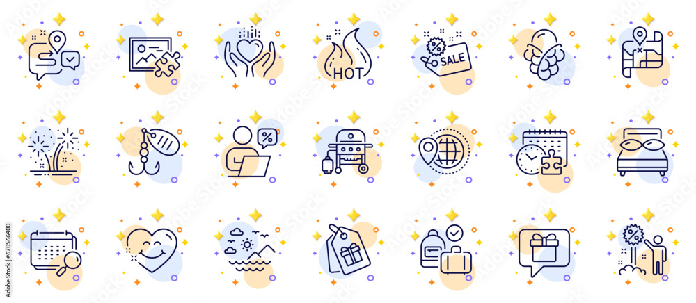Outline set of Journey, Calendar and Pillows line icons for web app. Include World travel, Fishing lure, Ice cream pictogram icons. Carry-on baggage, Puzzle image, Coupons signs. Vector Outline set of Journey, Calendar and Pillows line icons for web app. Include World travel, Fishing lure, Ice cream pictogram icons. Carry-on baggage, Puzzle image, Coupons signs. Vector