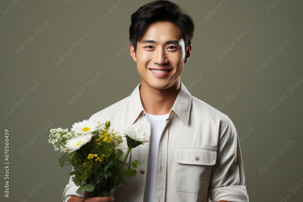 Joyful Asian Man Holding a Beautiful Flower - Happiness Moment Joyful Asian Man Holding a Beautiful Flower - Happiness Moment