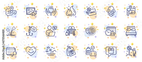 Outline set of Journey, Calendar and Pillows line icons for web app. Include World travel, Fishing lure, Ice cream pictogram icons. Carry-on baggage, Puzzle image, Coupons signs. Vector