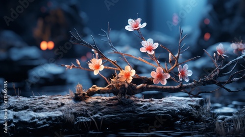 Winter Night's Glow: Outdoor Scene with Leaf and Rock