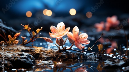Winter Night's Glow: Outdoor Scene with Leaf and Rock