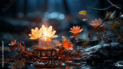 Winter Night's Glow: Outdoor Scene with Leaf and Rock