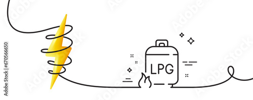 Gas cylinder line icon. Continuous one line with curl. LPG fuel container sign. Liquefied petroleum gas bottle symbol. Gas cylinder single outline ribbon. Loop curve with energy. Vector