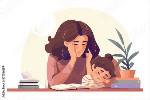  Mother is tired to help student doing homework, Home learning, home schooling concept, Mental health concept, Flat style cartoon vector illustration