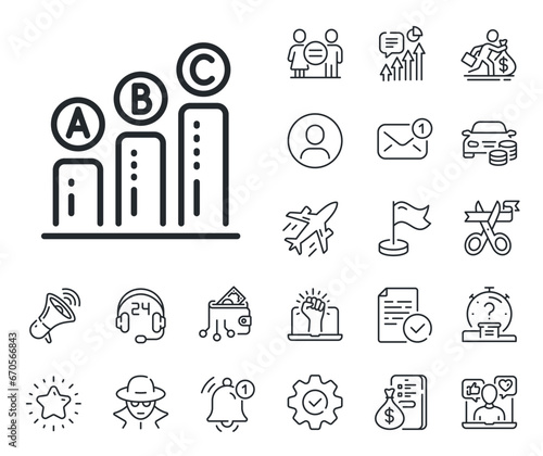 Column chart sign. Salaryman, gender equality and alert bell outline icons. Graph line icon. Ab test diagram symbol. Graph chart line sign. Spy or profile placeholder icon. Vector