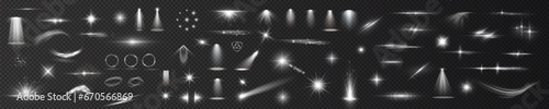 Light Effects. Isolated white transparent stock of light effects, including lens flares, explosions, glitter, dust, lines, sun flashes, sparks, sparkles, stars, spotlights, and curved twirls