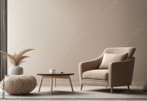 Beige contemporary minimalist interior with armchair, blank wall, coffee table and decor © Marko