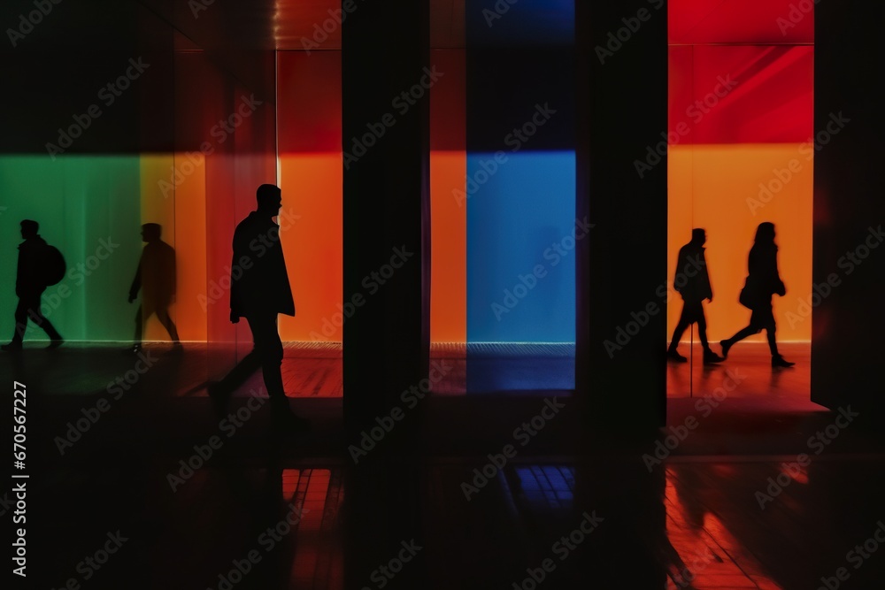 Silhouette of people walking against coloured wall background Silhouette of people walking against coloured wall background