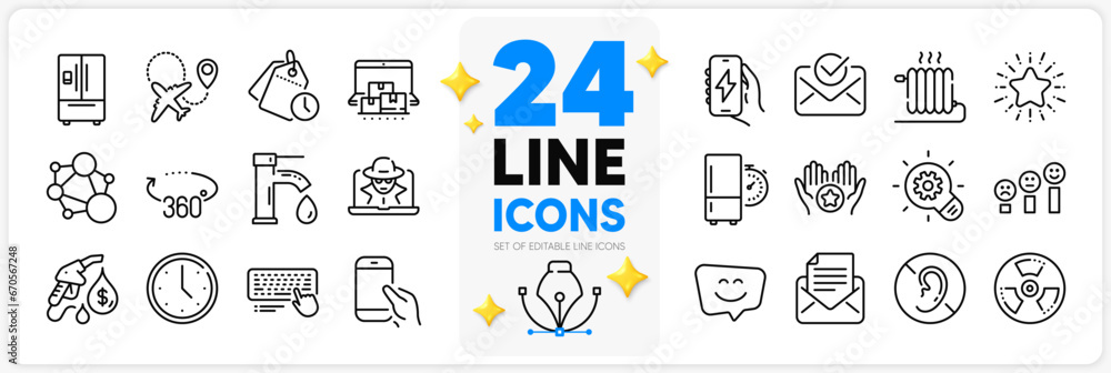 Icons set of Tap water, Time management and Integrity line icons pack for app with Customer satisfaction, Refrigerator timer, 360 degrees thin outline icon. Hold smartphone, Radiator. Vector