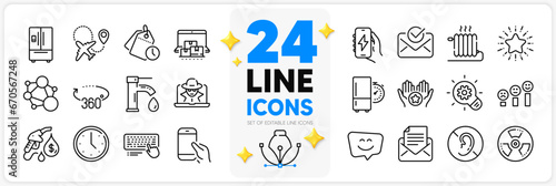 Icons set of Tap water, Time management and Integrity line icons pack for app with Customer satisfaction, Refrigerator timer, 360 degrees thin outline icon. Hold smartphone, Radiator. Vector