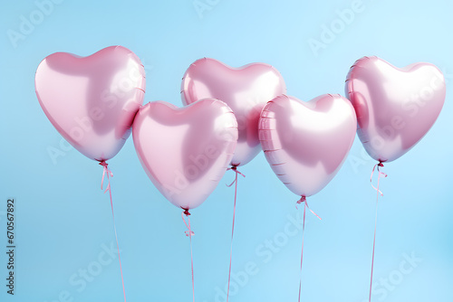 Heart shaped metallic pink Valentine's day foil balloons on side of paastel blue background photo