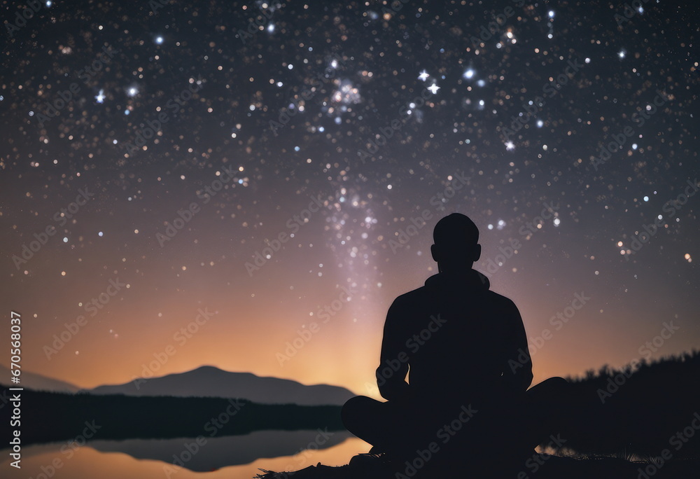 silhouette of a person meditating outdoors under a starry sky at night