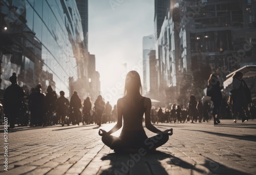 woman meditating at city center