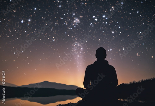 silhouette of a person meditating outdoors under a starry sky at night