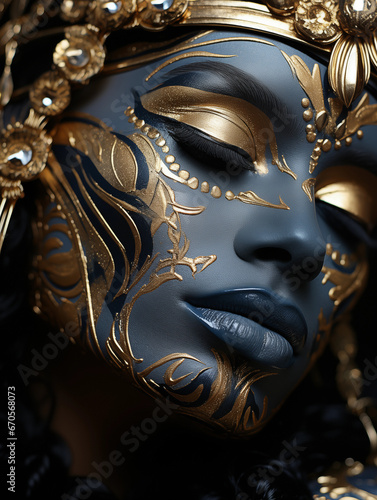 Gesicht einer Frau in speziellen grandiosen blau mit golden Applikationen und Airbrush im Gesicht Nahaufnahme f  r die Kosmetik als Poster  ai generativ