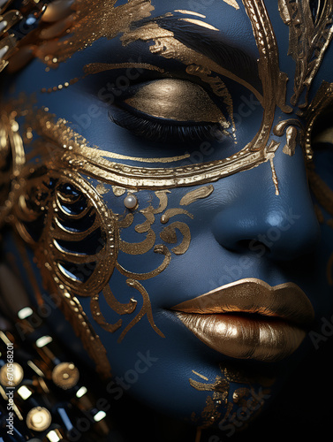 Gesicht einer Frau in speziellen grandiosen blau mit golden Applikationen und Airbrush im Gesicht Nahaufnahme für die Kosmetik als Poster, ai generativ