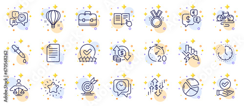 Outline set of File, Money currency and Saving electricity line icons for web app. Include Bike, Rating stars, Target goal pictogram icons. Read instruction, Timer, Clock signs. Vector