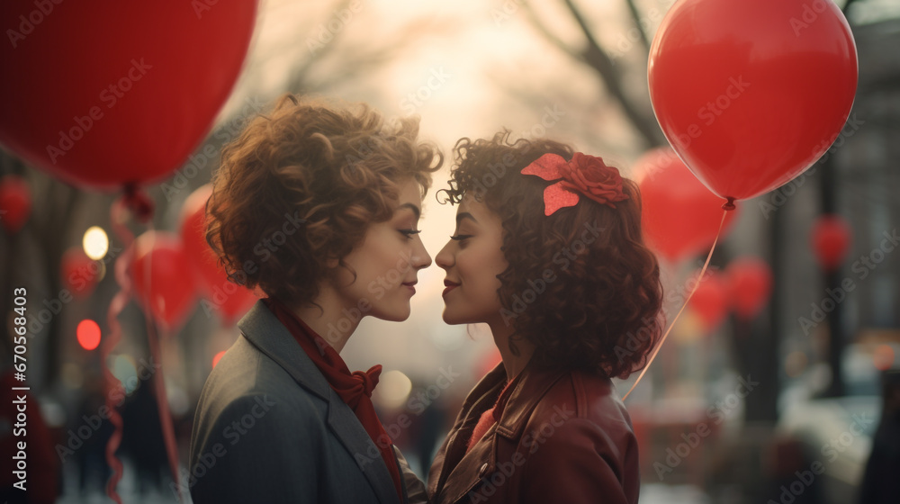 Couple de femmes amoureuses entourées de ballons rouges à la saint Valentin - obrazy, fototapety, plakaty 
