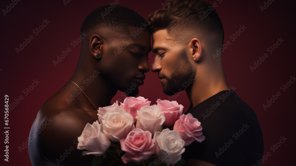Couple d'homme amoureux avec un bouquet de roses pour la saint Valentin Couple d'homme amoureux avec un bouquet de roses pour la saint Valentin