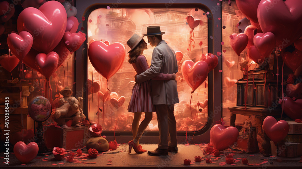 Couple enlacé dans un paysage rose romantique de saint Valentin - obrazy, fototapety, plakaty 