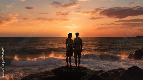 Deux hommes romantiques amoureux sur une plage au soleil couchant photo