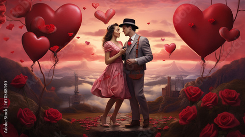Couple romantique de saint Valentin dans un paysage de romance