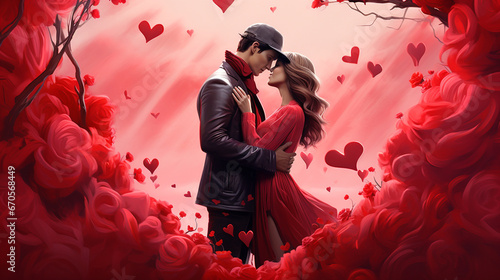 Couple enlacé dans un paysage de coeur rose romantique de saint Valentin