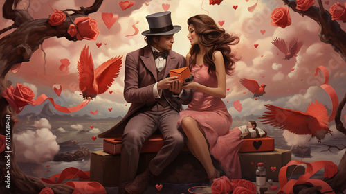 Couple steampunk enlacé dans un paysage rose romantique de saint Valentin photo