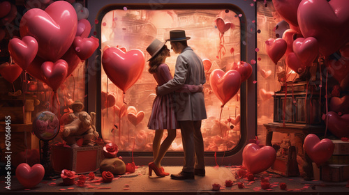 Couple enlacé dans un paysage rose romantique de saint Valentin