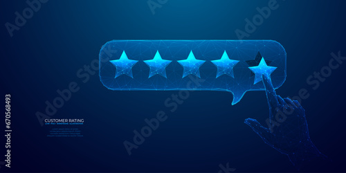Abstract customer review concept. Five star rating and positive feedback. Human hand showing on five star excellent rating. Low poly wireframe vector illustration on technology blue background.
