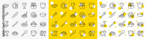 Dish plate, Food bowl and Cooking utensils set. Tableware line icons. Fork, spoon and knife cutlery line icons. Grill pan, dish washer and dish with pasta. Food plate, glass and tea cup. Vector