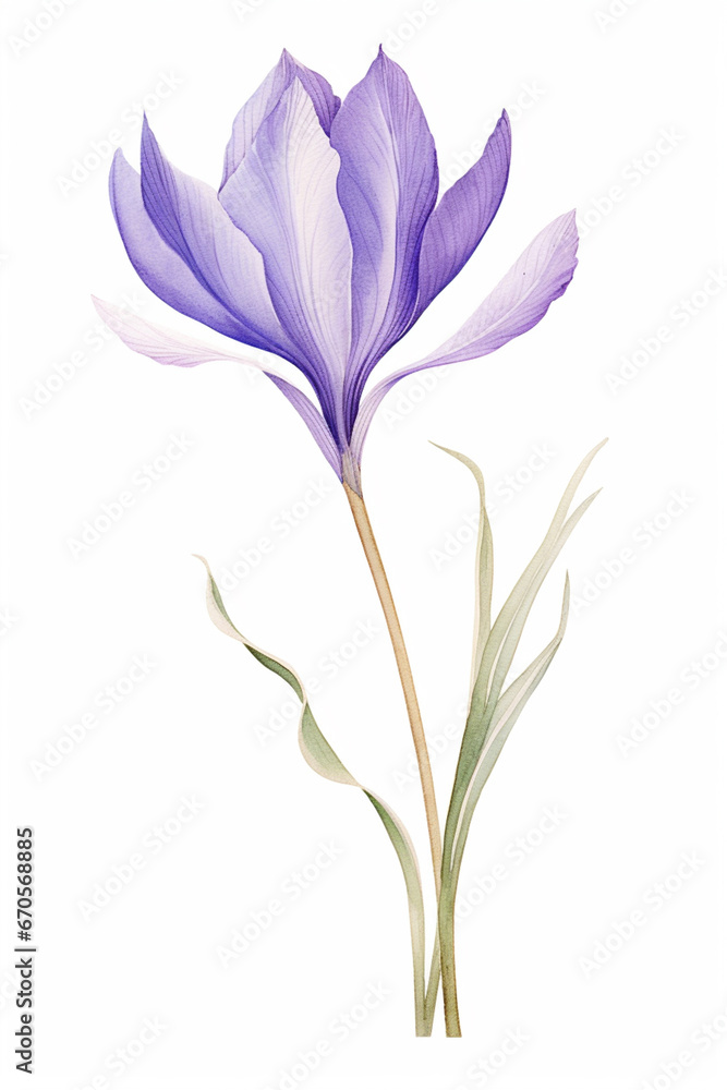 Watercolour Collection { No1 } Organic Saffron Crocus Sativus grown on Saffron Eco Fields. Isolated on White Background. Generative AI.