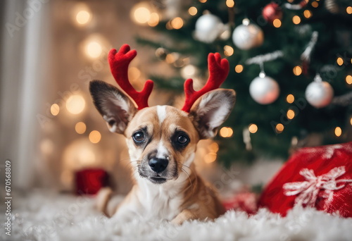 Cute dog with reindeer antlers on background of Christmas tree