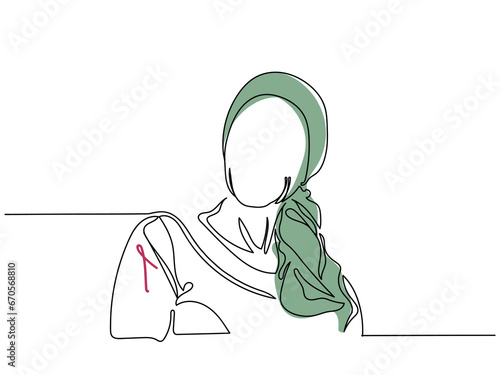Cancer awareness month. Chemotherapy survivor. Fight cancer concept line art. Tumor regression. Positive reports. Positive psychology. Determined brave happy woman fighting cancer. Bald head scarf bow