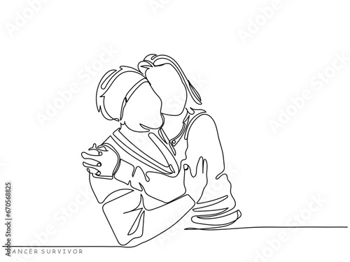 Cancer patient,woman wearing a head scarf, sitting on a wheelchair, holding her daughter head and closing her eyes. Cancer concept. Mother and daughter supportive concept line art vector.Chemotherapy