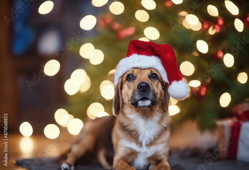 Cute dog with santa hat. Christmas tree © Marko