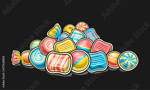 Vector Candy Pile, decorative horizontal poster with outline illustration of multi colored candy still life, sweet print with cartoon design hard candies and bubble gums in spiral cellophane package