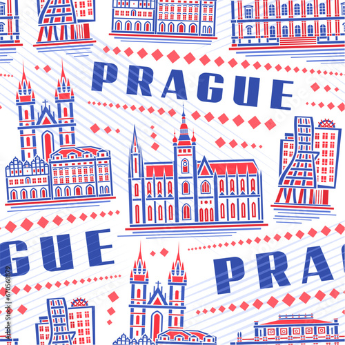 Vector Prague Seamless Pattern, square repeating background with illustration of famous medieval prague city scape on white background, decorative line art urban historical poster with word prague