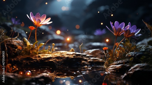 Floral Winter Scene: Leaf and Rock Amidst the Cosmos