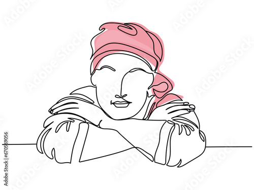 Cancer awareness month. Chemotherapy survivor. Fight cancer concept line art. Tumor regression. Positive reports. Positive psychology. Determined brave happy woman fighting cancer. Bald head scarf bow