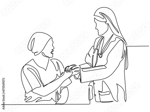 female doctor Providing confidence, support, encouragement and helping patients. Hospital concept for treating critically ill patients, cancer, coronavirus. Chemotherapy survivor line art concept.