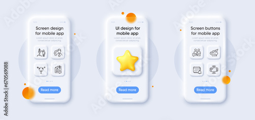 Notification, Genders and Co2 line icons pack. 3d phone mockups with star. Glass smartphone screen. Search employee, Family questions, Brand web icon. Game console, Launch project pictogram. Vector