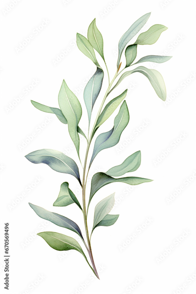 Fototapeta premium Watercolour Collection { No1 } Organic Herb Common Sage - Salvia officinalis - grown in Eco Fields. Isolated on White Background. Generative AI.