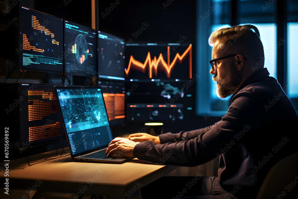 Focused Data Scientist Analyzing Complex Graphs on Multiple Displays in Modern Office Focused Data Scientist Analyzing Complex Graphs on Multiple Displays in Modern Office