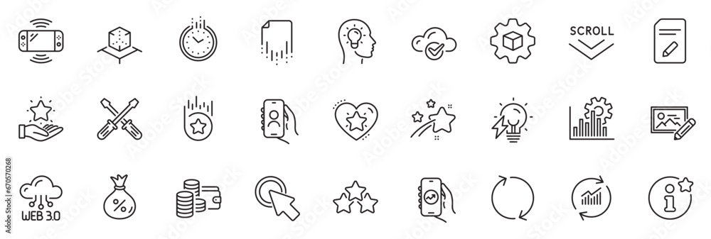 Icons pack as Screwdriverl, User call and Ranking stars line icons for app include Refresh, Update data, Time outline thin icon web set. Electricity bulb, Loyalty program. Vector